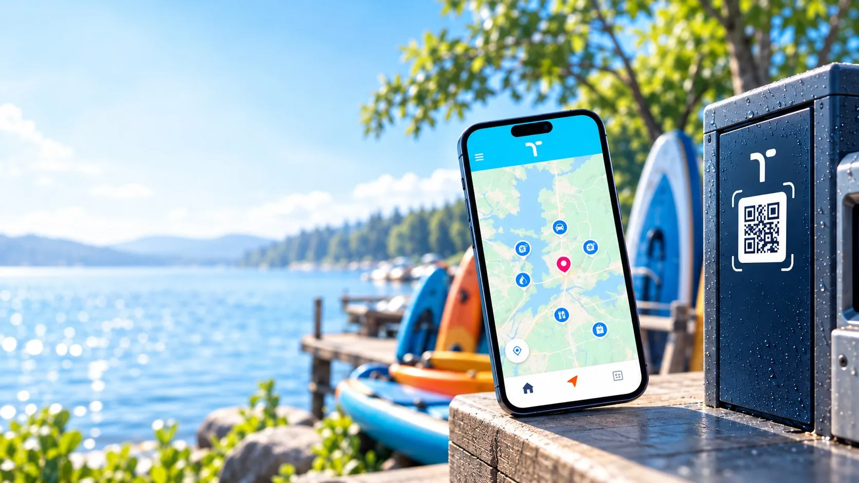 The Ticatoo app’s map of services on a phone, next to a machine with a Ticatoo QR code by a lake