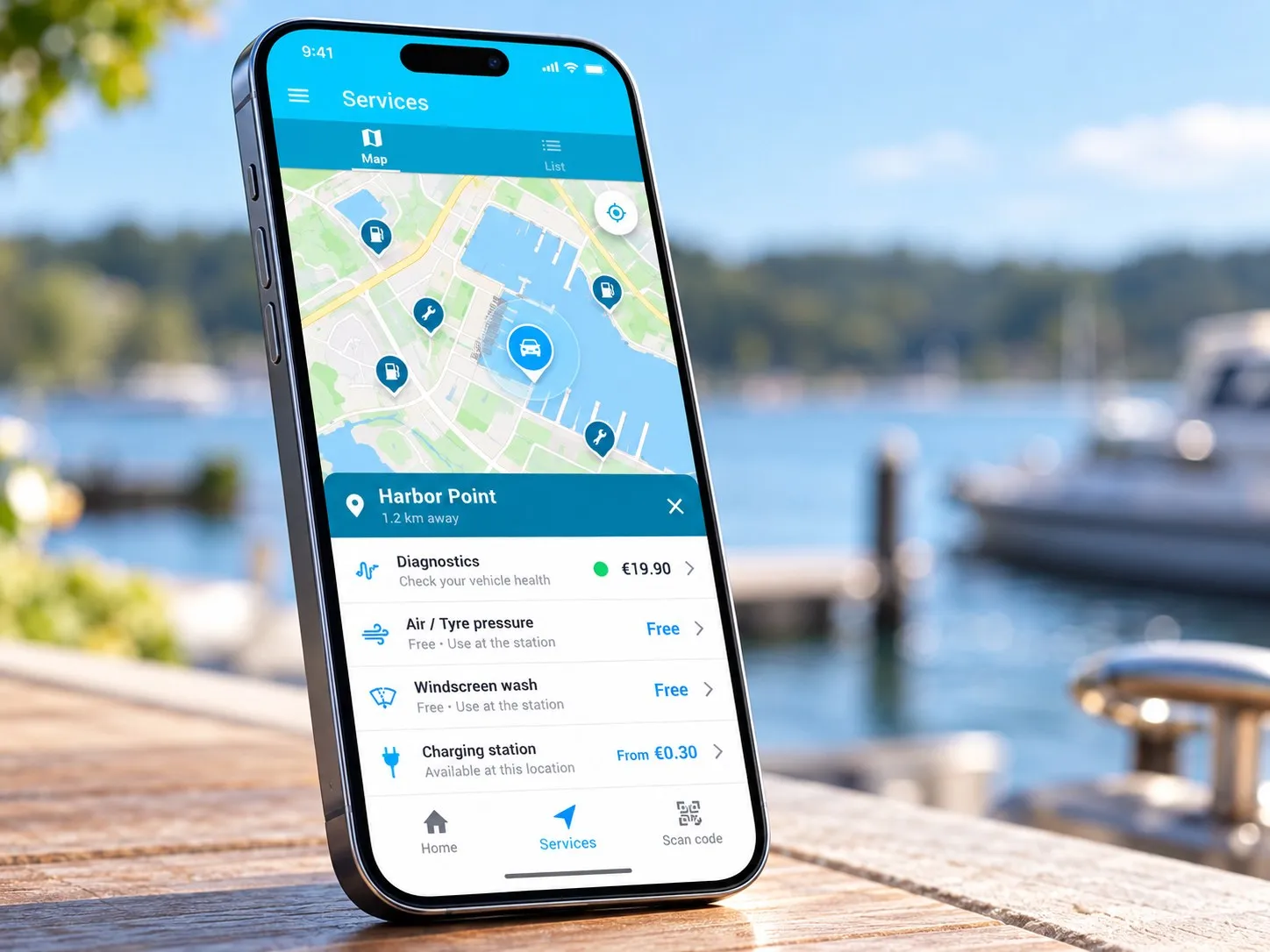 The Ticatoo app on a phone: a map of service locations and the services at one location, with prices
